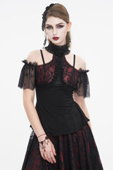 Chemise gothique noire/rouge à épaules dénudées en dentelle avec col rond pour femme
